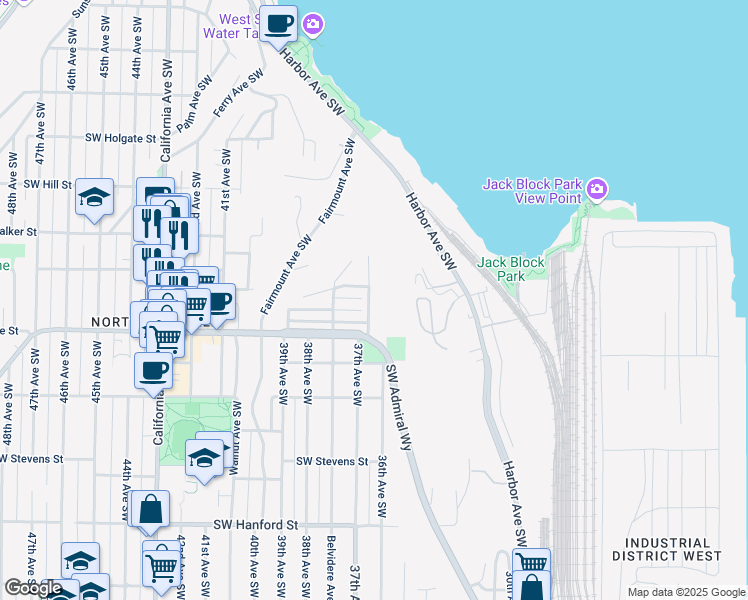 map of restaurants, bars, coffee shops, grocery stores, and more near 2508 37th Avenue Southwest in Seattle