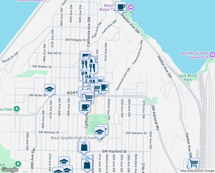 map of restaurants, bars, coffee shops, grocery stores, and more near 2514 41st Avenue Southwest in Seattle