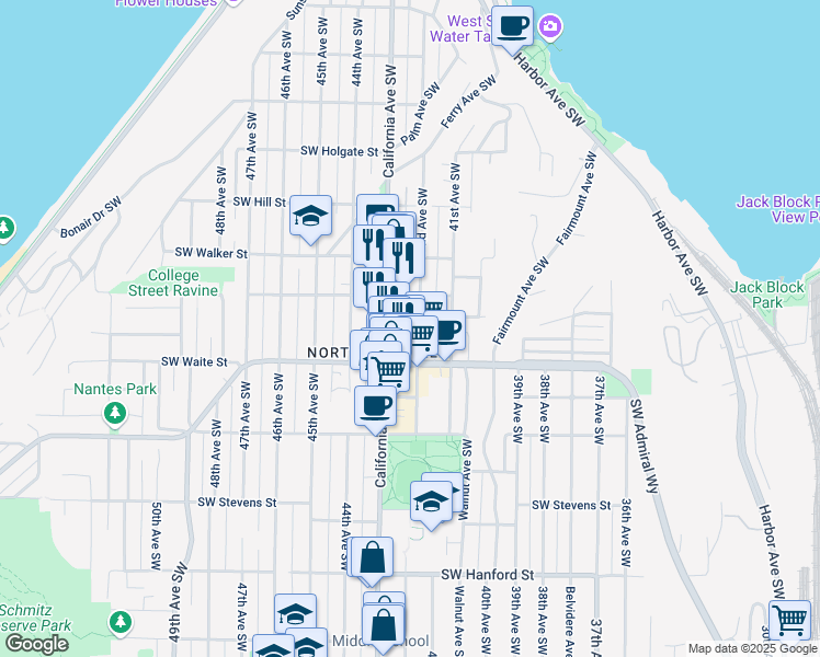 map of restaurants, bars, coffee shops, grocery stores, and more near in Seattle