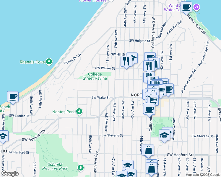 map of restaurants, bars, coffee shops, grocery stores, and more near 2362 48th Avenue Southwest in Seattle