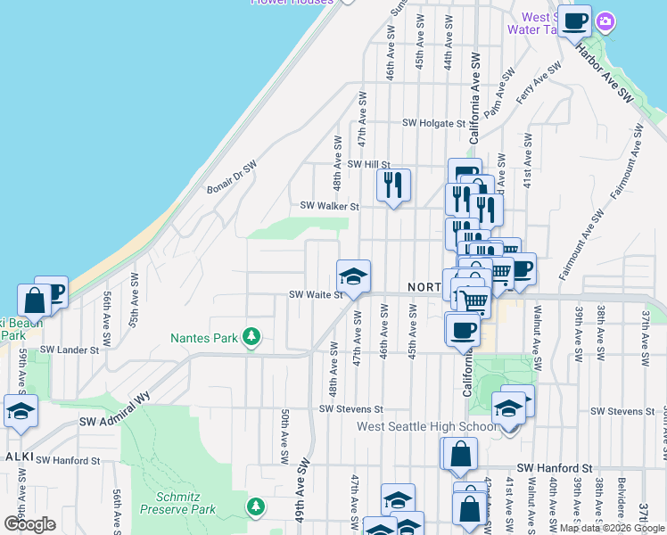 map of restaurants, bars, coffee shops, grocery stores, and more near 2362 48th Avenue Southwest in Seattle