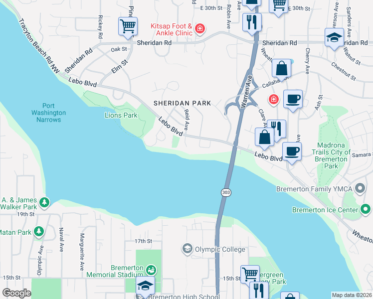 map of restaurants, bars, coffee shops, grocery stores, and more near 2507 Reid Avenue in Bremerton