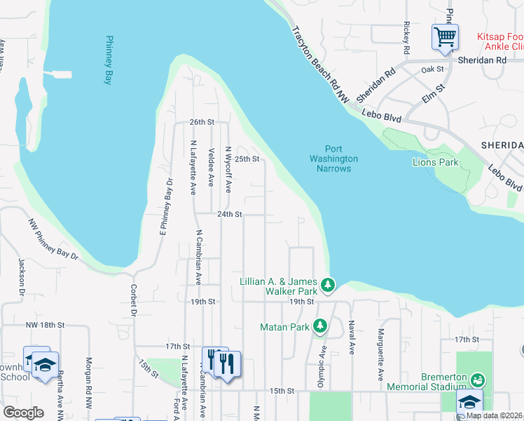 map of restaurants, bars, coffee shops, grocery stores, and more near 2143 Snyder Avenue in Bremerton