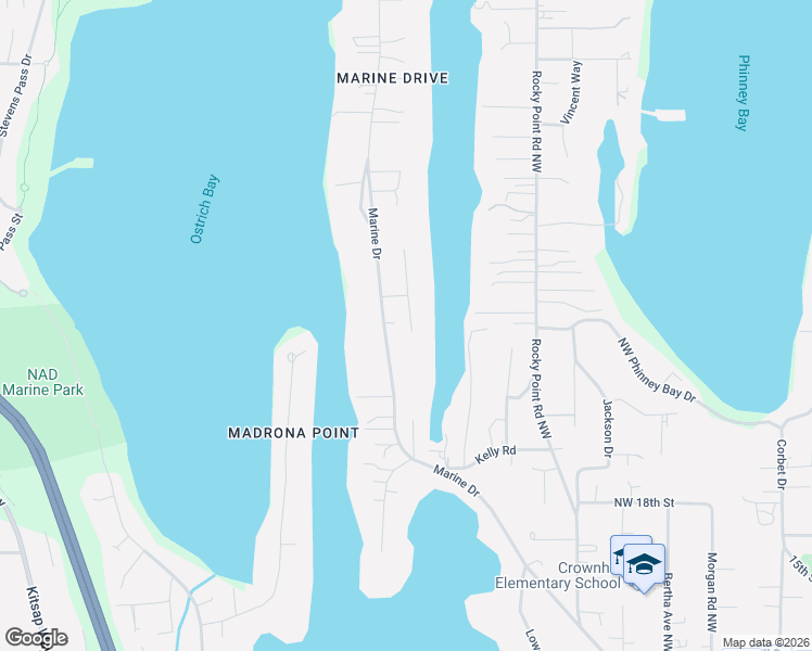 map of restaurants, bars, coffee shops, grocery stores, and more near 2150 Marine Drive in Bremerton