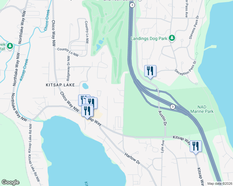 map of restaurants, bars, coffee shops, grocery stores, and more near 2193 Lakehurst Drive Northwest in Bremerton
