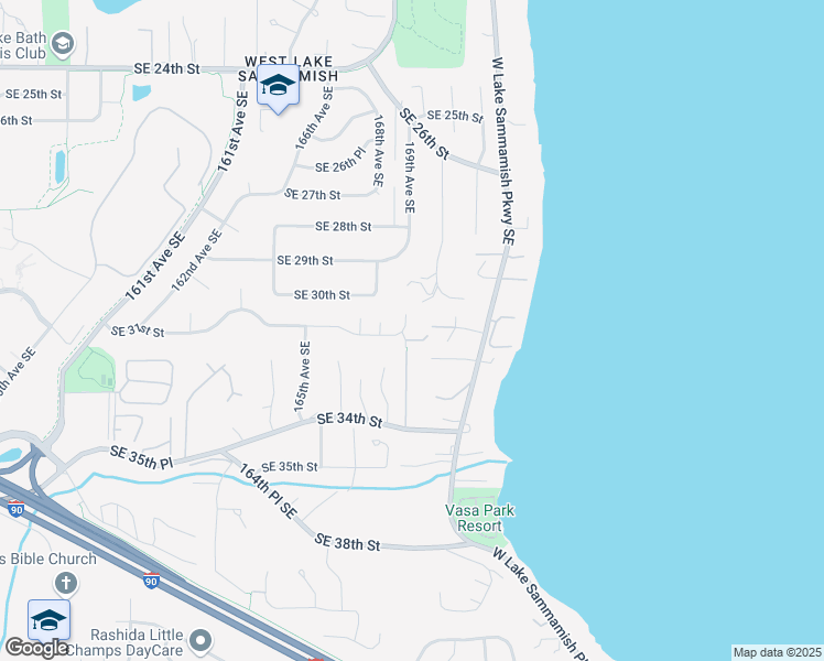 map of restaurants, bars, coffee shops, grocery stores, and more near 3100 168th Place Southeast in Bellevue