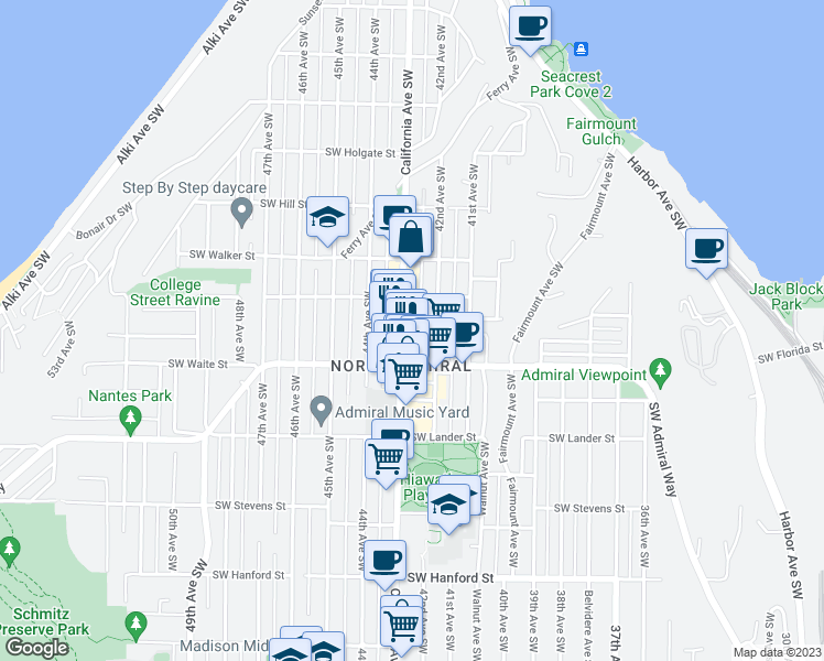 map of restaurants, bars, coffee shops, grocery stores, and more near in Seattle