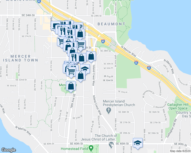 map of restaurants, bars, coffee shops, grocery stores, and more near 3208 81st Place Southeast in Mercer Island