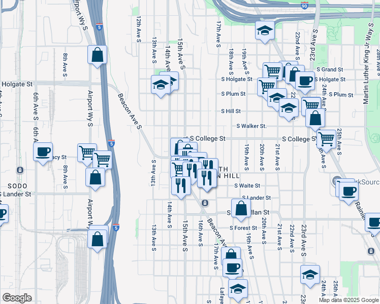 map of restaurants, bars, coffee shops, grocery stores, and more near 2350 15th Avenue South in Seattle