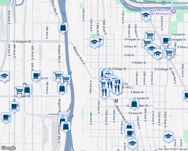 map of restaurants, bars, coffee shops, grocery stores, and more near 2410 13th Avenue South in Seattle