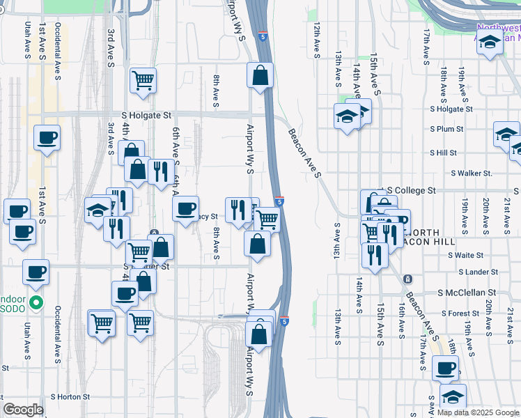 map of restaurants, bars, coffee shops, grocery stores, and more near 2418 Airport Way S in Seattle