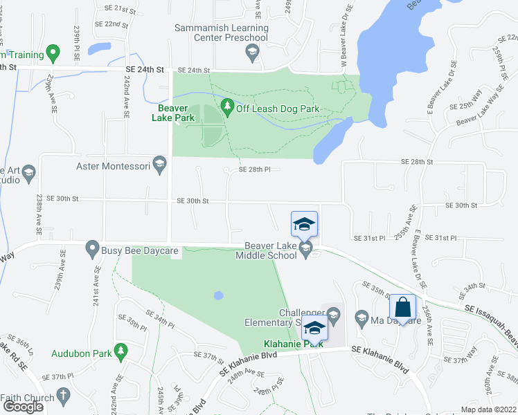 map of restaurants, bars, coffee shops, grocery stores, and more near 24749 Southeast 30th Street in Sammamish