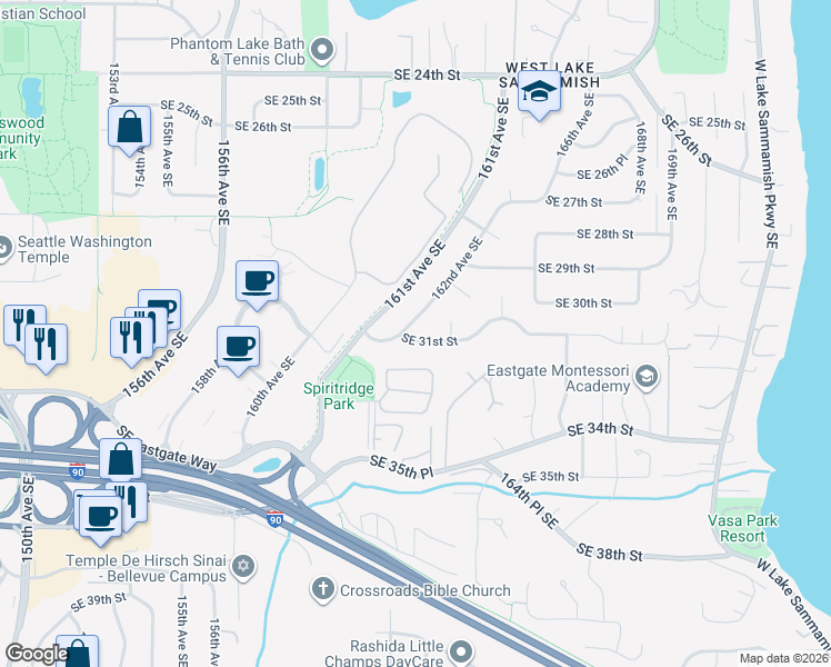 map of restaurants, bars, coffee shops, grocery stores, and more near 16208 Southeast 31st Street in Bellevue