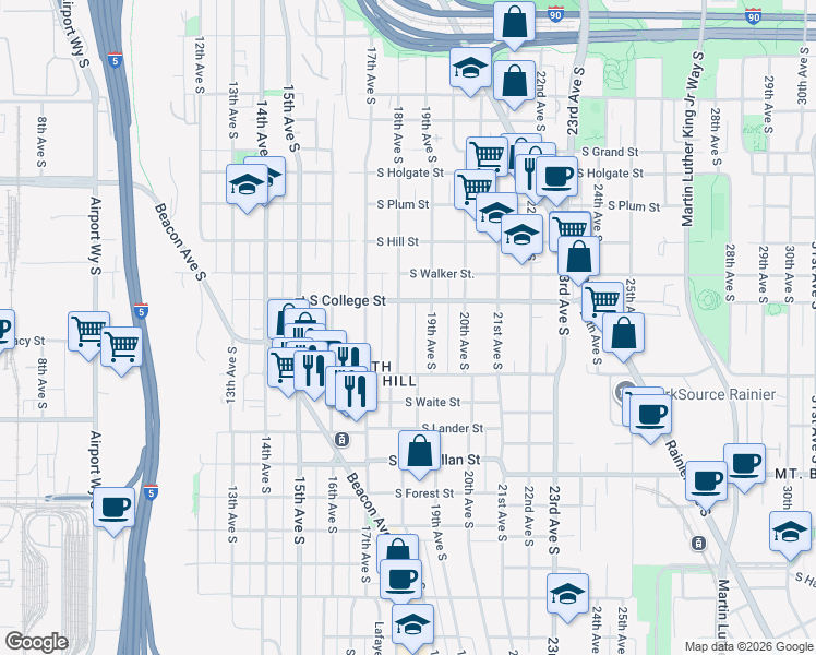 map of restaurants, bars, coffee shops, grocery stores, and more near 1822 South College Street in Seattle