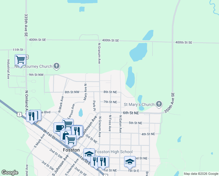 map of restaurants, bars, coffee shops, grocery stores, and more near 819 North Foss Avenue in Fosston