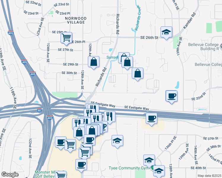 map of restaurants, bars, coffee shops, grocery stores, and more near 13111 Southeast 30th Street in Bellevue