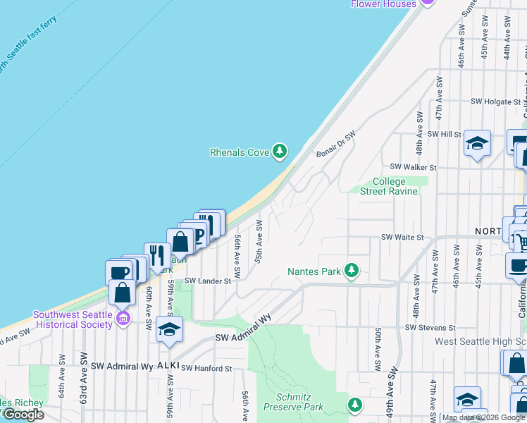 map of restaurants, bars, coffee shops, grocery stores, and more near 2356 Alki Avenue Southwest in Seattle