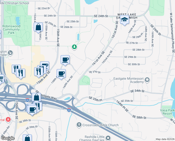 map of restaurants, bars, coffee shops, grocery stores, and more near 3070 160th Avenue Southeast in Bellevue