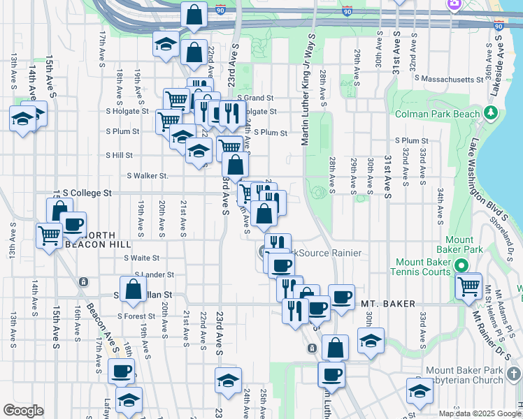 map of restaurants, bars, coffee shops, grocery stores, and more near 2464 South College Street in Seattle