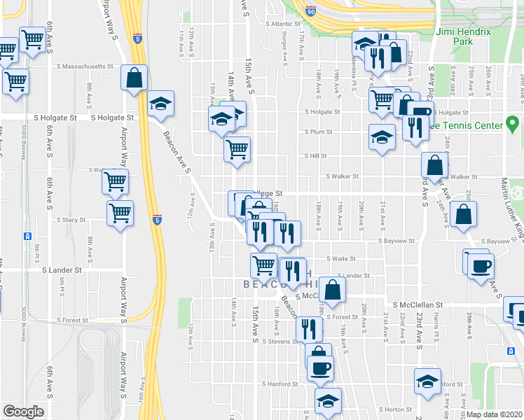 map of restaurants, bars, coffee shops, grocery stores, and more near 2302 15th Avenue South in Seattle