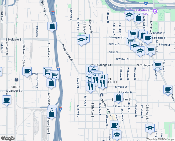 map of restaurants, bars, coffee shops, grocery stores, and more near 2218 14th Avenue South in Seattle