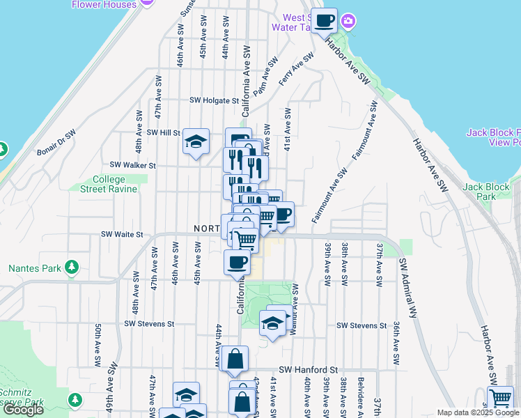 map of restaurants, bars, coffee shops, grocery stores, and more near 4118 Southwest College Street in Seattle