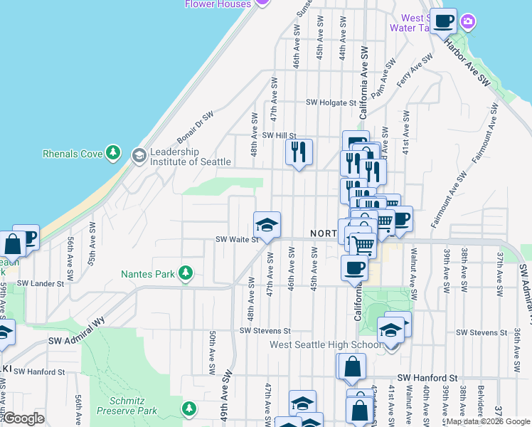 map of restaurants, bars, coffee shops, grocery stores, and more near 2308 48th Avenue Southwest in Seattle