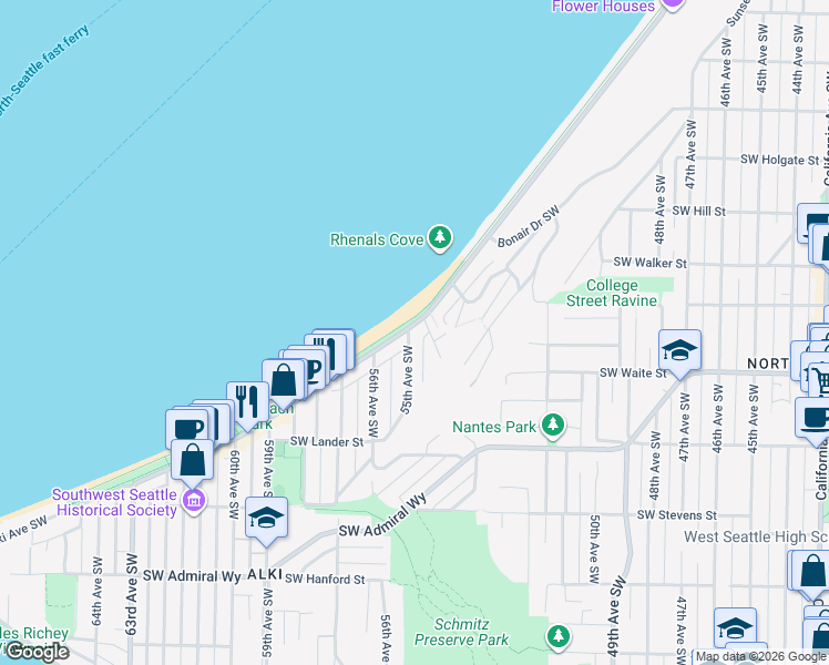 map of restaurants, bars, coffee shops, grocery stores, and more near 2356 Alki Avenue Southwest in Seattle