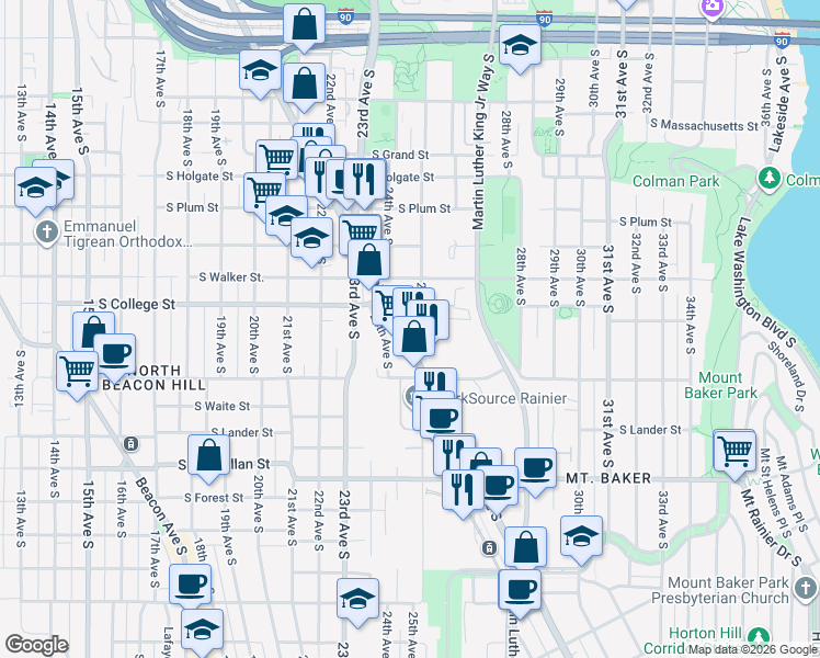 map of restaurants, bars, coffee shops, grocery stores, and more near 2326 Rainier Avenue South in Seattle