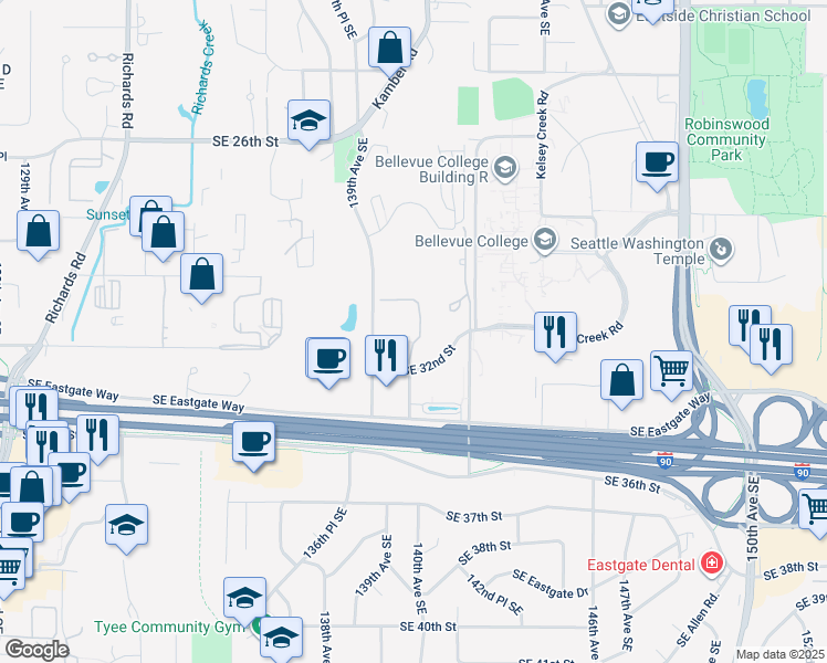 map of restaurants, bars, coffee shops, grocery stores, and more near 3150 139th Avenue Southeast in Bellevue