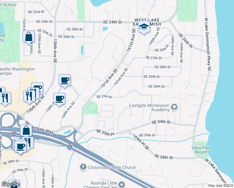 map of restaurants, bars, coffee shops, grocery stores, and more near 3019 162nd Place Southeast in Bellevue