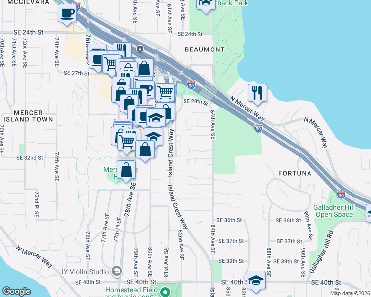 map of restaurants, bars, coffee shops, grocery stores, and more near 8260 Southeast 31st Street in Mercer Island