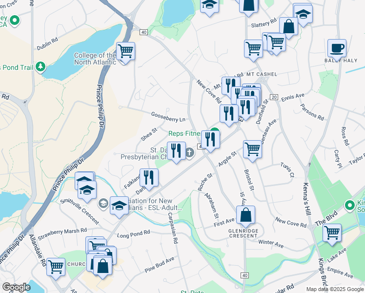 map of restaurants, bars, coffee shops, grocery stores, and more near 12 Kent Place in St. John's