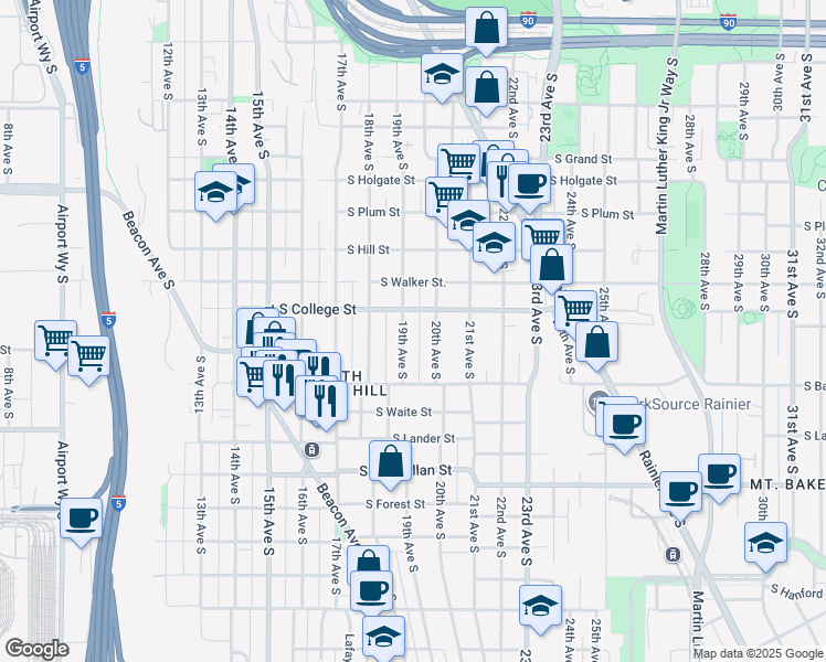 map of restaurants, bars, coffee shops, grocery stores, and more near 1822 South College Street in Seattle