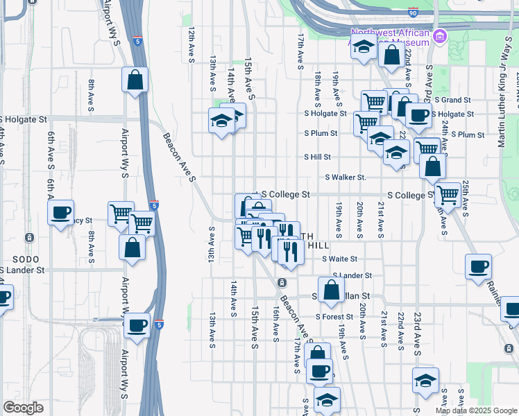 map of restaurants, bars, coffee shops, grocery stores, and more near 2302 15th Avenue South in Seattle