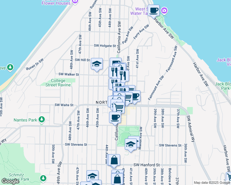 map of restaurants, bars, coffee shops, grocery stores, and more near 2301 California Avenue Southwest in Seattle