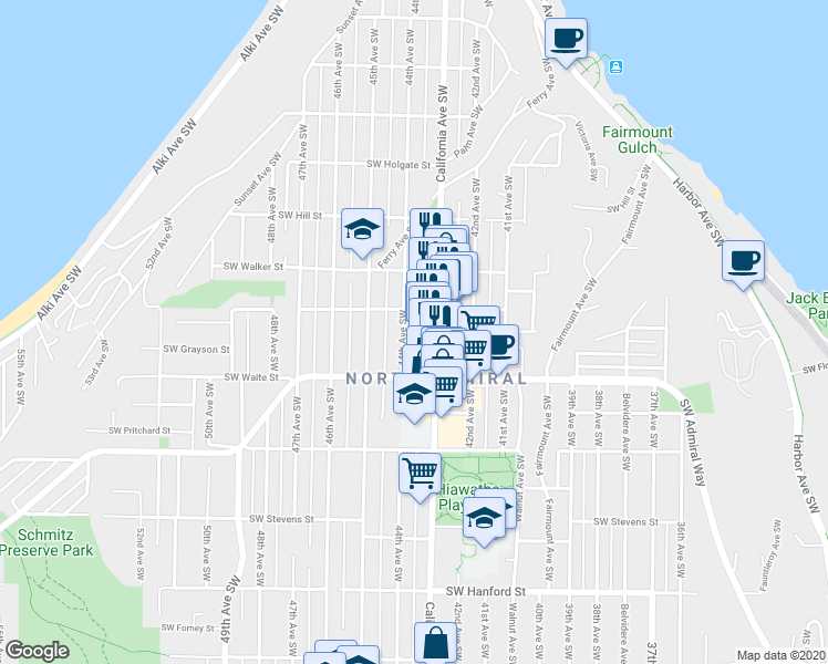 map of restaurants, bars, coffee shops, grocery stores, and more near 2229 44th Avenue Southwest in Seattle