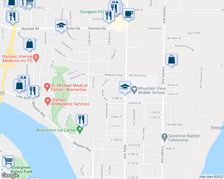 map of restaurants, bars, coffee shops, grocery stores, and more near 2544 Fir Avenue in Bremerton