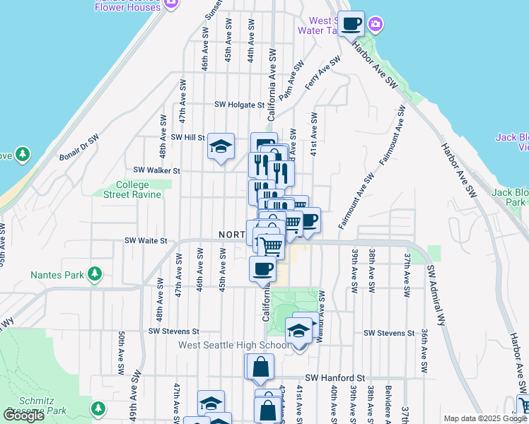 map of restaurants, bars, coffee shops, grocery stores, and more near 2317 California Avenue Southwest in Seattle