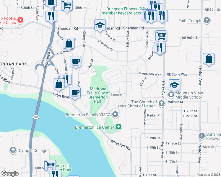 map of restaurants, bars, coffee shops, grocery stores, and more near 2431 Seringa Avenue in Bremerton