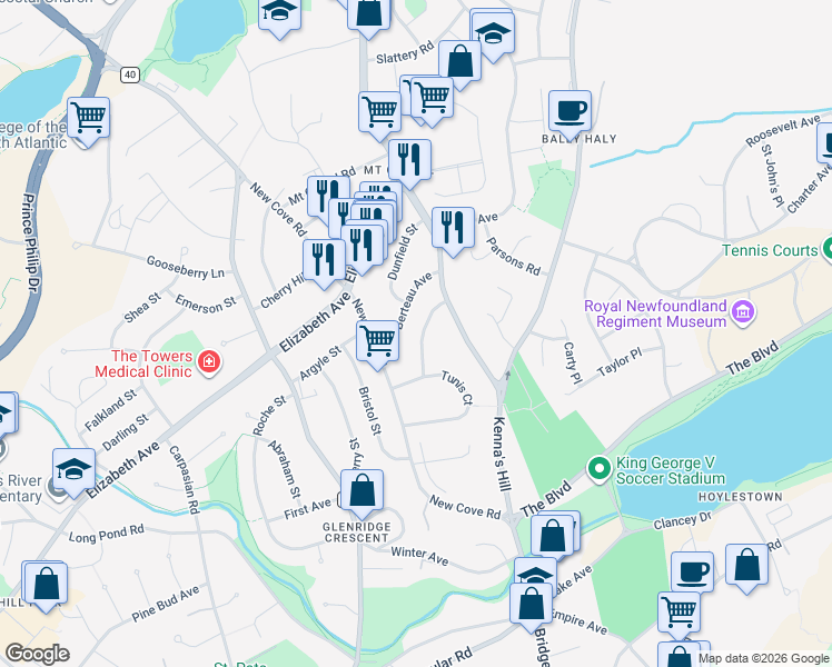 map of restaurants, bars, coffee shops, grocery stores, and more near 9 Montgomery Street in St. John's