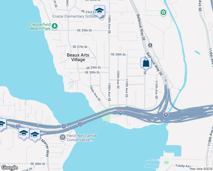 map of restaurants, bars, coffee shops, grocery stores, and more near 3119 108th Avenue Southeast in Bellevue