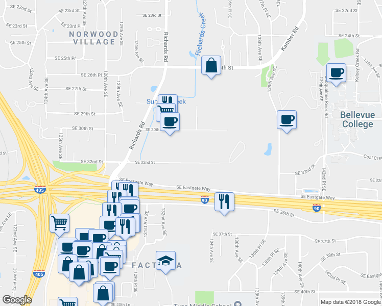 map of restaurants, bars, coffee shops, grocery stores, and more near 13230 Southeast 32nd Street in Bellevue