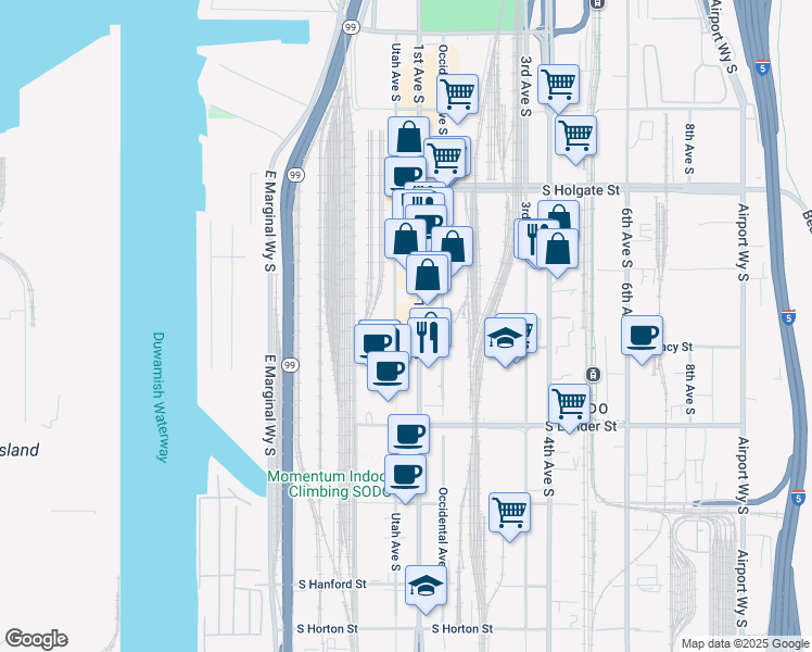 map of restaurants, bars, coffee shops, grocery stores, and more near 2230 1st Ave S in Seattle