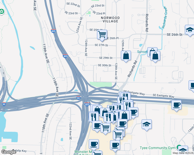 map of restaurants, bars, coffee shops, grocery stores, and more near 3025 127th Place Southeast in Bellevue