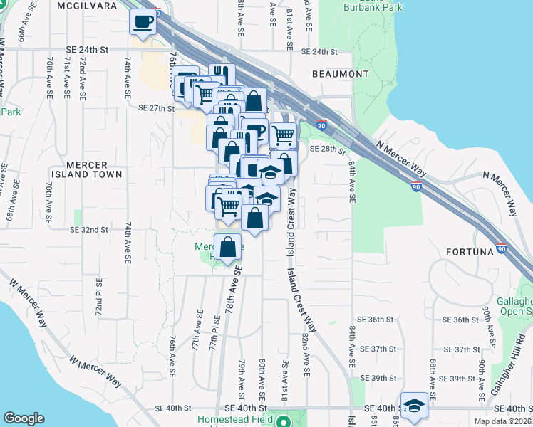 map of restaurants, bars, coffee shops, grocery stores, and more near 3023 80th Avenue Southeast in Mercer Island
