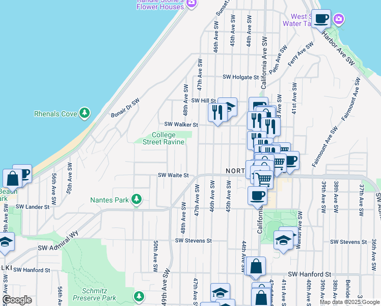 map of restaurants, bars, coffee shops, grocery stores, and more near 2308 48th Avenue Southwest in Seattle