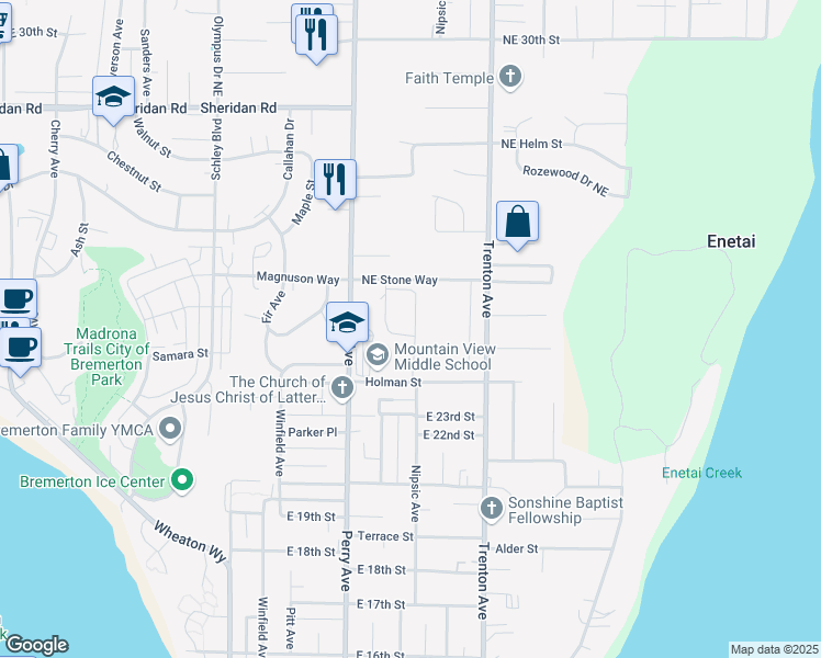 map of restaurants, bars, coffee shops, grocery stores, and more near 2400 Perry Ave in Bremerton