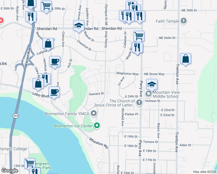 map of restaurants, bars, coffee shops, grocery stores, and more near 2430 Schley Boulevard in Bremerton
