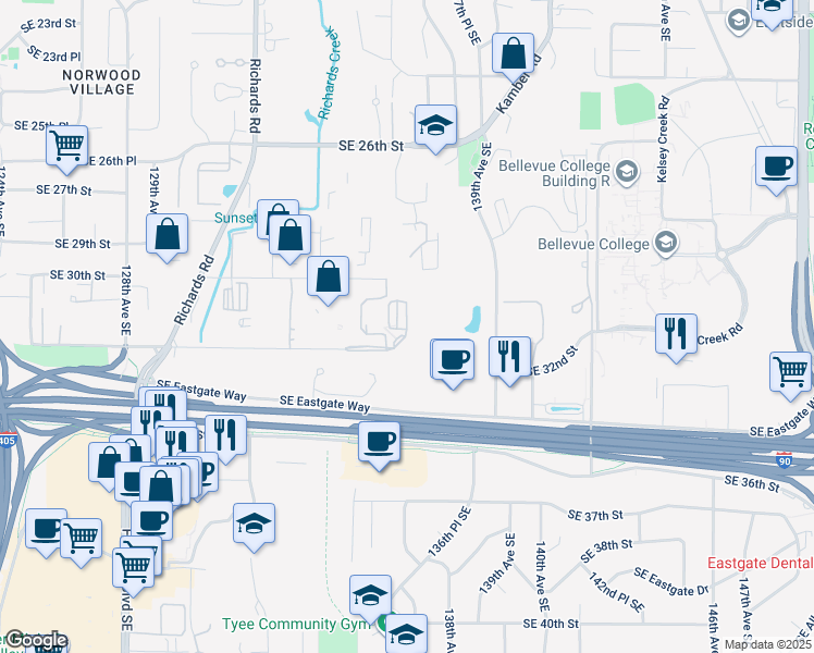 map of restaurants, bars, coffee shops, grocery stores, and more near 13800 Southeast 32nd Street in Bellevue